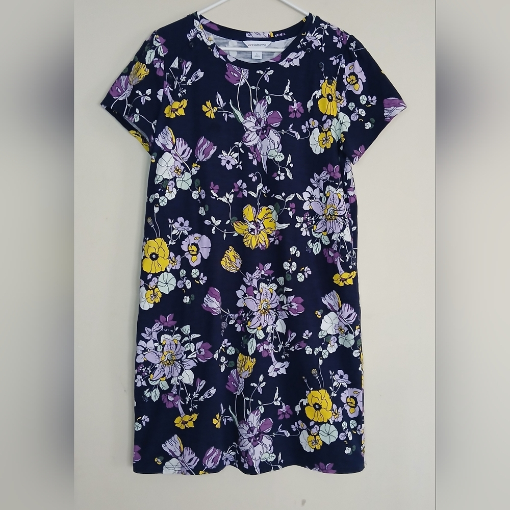 Liz Claiborne Navy Blue Floral Cotton T-Shirt Dress